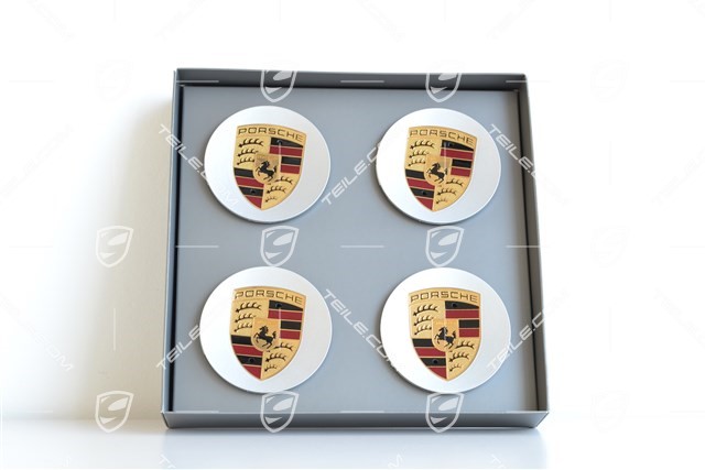 Center cap set (4 pcs.), with coloured Porsche crest, for 18-inch Panamera / Panamera S rims