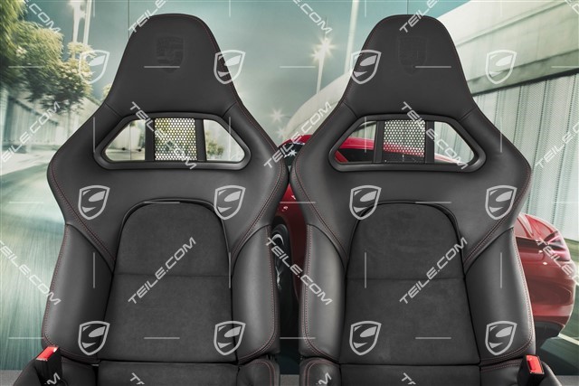 Sportowe fotele kubełkowe, składane, czarna skóra/Alkantara, nitka czerwona Carmine red, z herbem Porsche, zestaw L+R