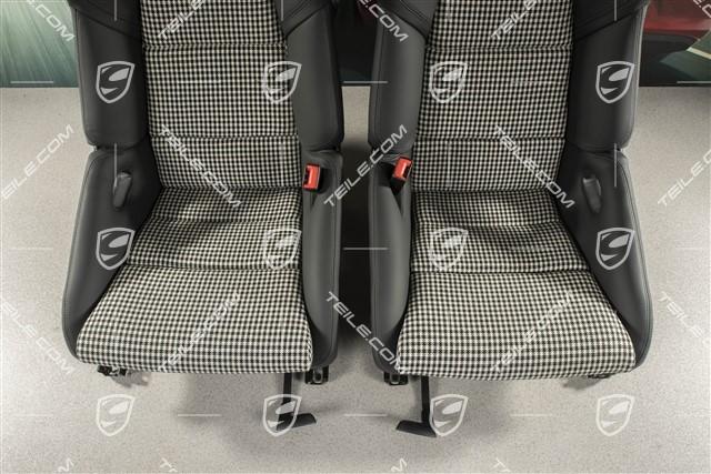 Sportowe fotele kubełkowe, składane, podgrzewane, czarna skóra+pepitka, z herbem Porsche, Zestaw L+R
