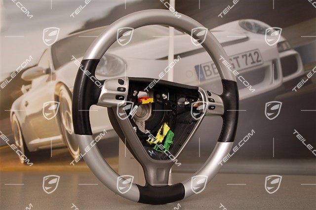 Alu-Look steering wheel, multifunction, black leather / galvano silver, for 6-speed manual transmission