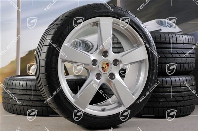 19-inch Cayman S summer wheel set, 8J x 19 ET57 + 9,5J x 19 ET45 + NEW summer tyres 235/40 ZR19 + 265/40 ZR19 + TPM