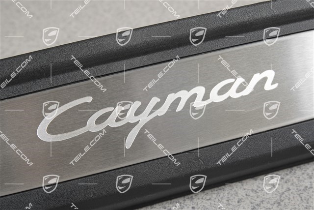 Scuff plate, Stainless steel, with "Cayman" logo, L