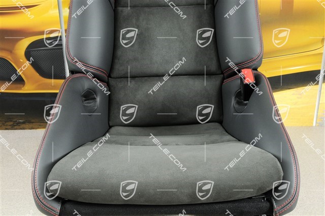Sportowy fotel kubełkowy, składany, czarna skóra/Alkantara, nitka czerwona Carmine red, z herbem Porsche, R