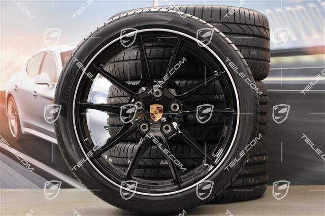 20" Komplet kół letnich Carrera S (III), 8J x 20 ET57 + 9,5J x 20 ET45 + NOWE opony Pirelli 235/35 ZR20 + 265/35 ZR20, gwiazda felgi czarna (połysk)