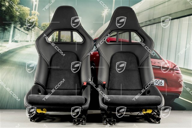 Bucket seat, collapsible, leather/Alcantara Black, seam in Silver, with Porsche crest, set L+R