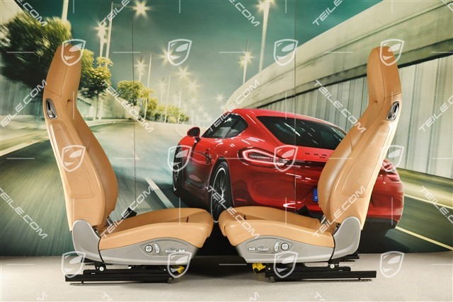 Seats, el. adjustable, 14-way, lumbar, ventilation, leather, luxorbeige, with Porsche crest, set L+R