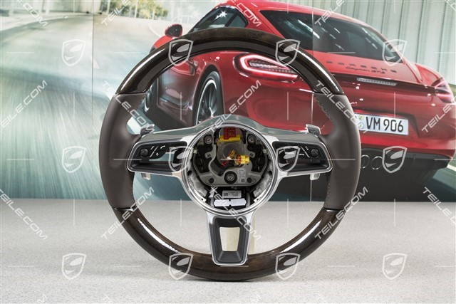 Sports multifunction steering wheel, 3-spoke, heated, leather, American Walnut, Espresso