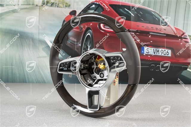 Sports multifunction steering wheel, 3-spoke, heated, leather, American Walnut, Espresso
