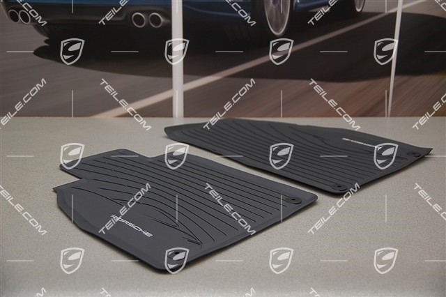Rubber floor mat set, 2-piece, with Porsche silhouette and Porsche logo, black