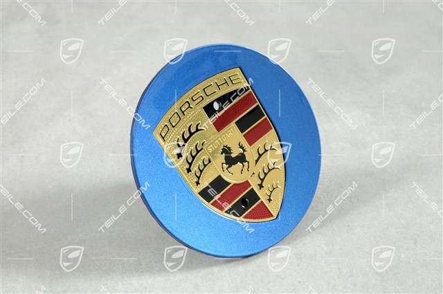 Hub cap, round, concave, Porsche crest coloured, Sapphire Blue Metallic