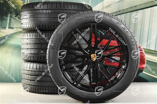 21" koła letnie Cayenne RS Spyder Design, komplet, felgi 9,5J x 21 ET46 + 11,0J x 21 ET58 + NOWE opony letnie Pirelli P Zero 285/45 R21 + 315/40 R21, z czujnikami ciśnienia, czarny wysoki połysk