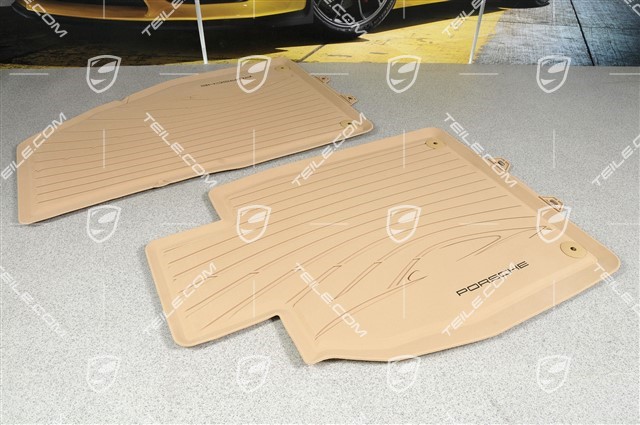 Rubber floor mat set, 2-piece, with Porsche silhouette and Porsche logo, Luxor beige