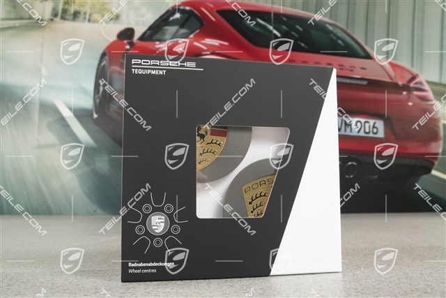 Hub cap set, crest coloured, for 20-inch Carrera Sport wheels, convex, silk-gloss platinum