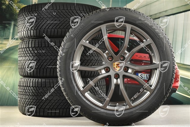 21-inch Cayenne COUPE Exclusive Design winter wheel set, rims 9,5J x 21 ET46 + 11,0J x 21 ET49 + NEW Pirelli Scorpion Winter 2 winter tyres 285/45 R21 + 305/40 R21, with TPMS, Platinum satin-mat