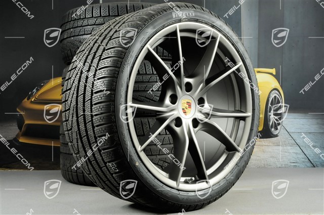 20-inch winter wheels set Carrera S (IV), rims 8,5J x 20 ET49 + 11J x 20 ET56 + NEW Pirelli Sottozero II winter tyres 245/35 R20 + 295/30 R20, in platinum