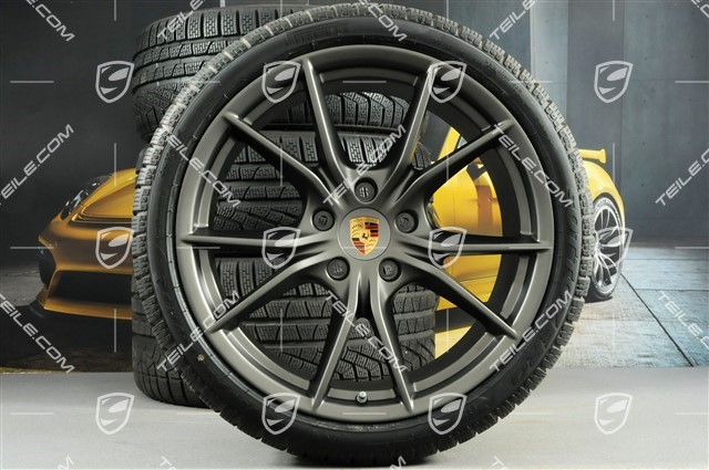 20-inch winter wheels set Carrera S (IV), rims 8,5J x 20 ET49 + 11J x 20 ET56 + NEW Pirelli Sottozero II winter tyres 245/35 R20 + 295/30 R20, in platinum