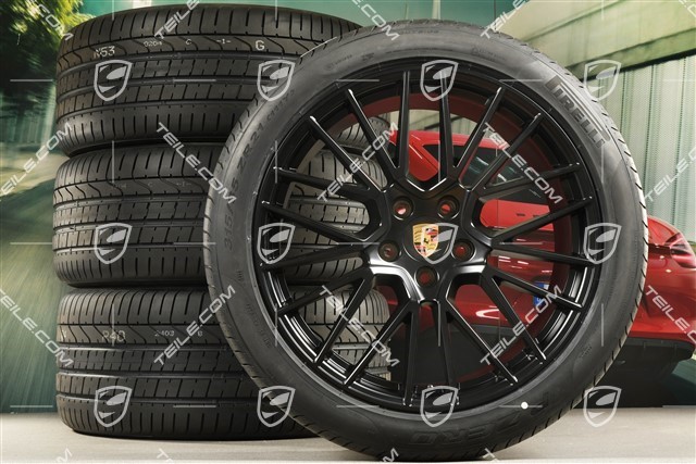 21" koła letnie Cayenne RS Spyder, komplet, felgi 9,5J x 21 ET46 + 11,0J x 21 ET58 + NOWE opony letnie Pirelli P Zero 285/40 R21 + 315/35 R21, z czujnikami ciśnienia, czarny satynowy półmat