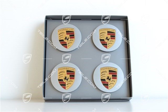 Radzierdeckel Satz (4 Stück), GT-Silbermetallic mit farbigem Porsche Wappen, für 20" SportTechno Räder