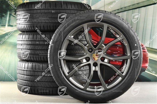 21-inch Cayenne Exclusive Design summer wheel set, rims 9,5J x 21 ET46 + 11,0J x 21 ET58 + NEW Pirelli P Zero summer tyres 285/45 R21 + 315/40 R21, with TPMS, Platinum satin-mat