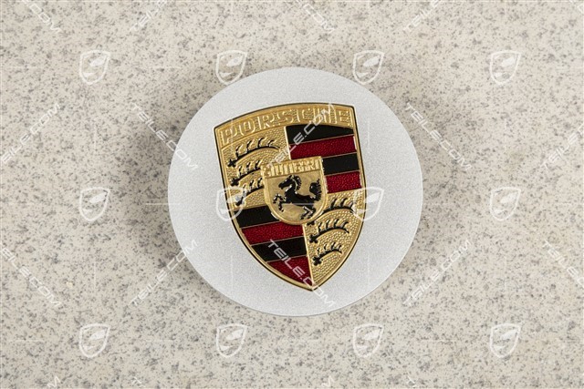 Hub cap, silver, with coloured Porsche crest/logo, inside diameter 71mm