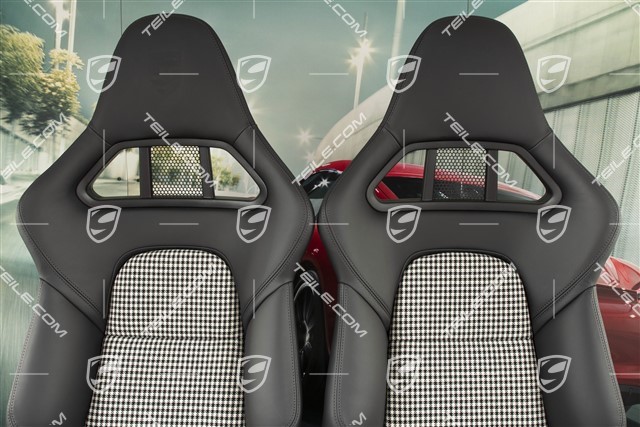 Bucket seats, collapsible, heating, leather+pepita cloth, black, with Porsche crest, set L+R