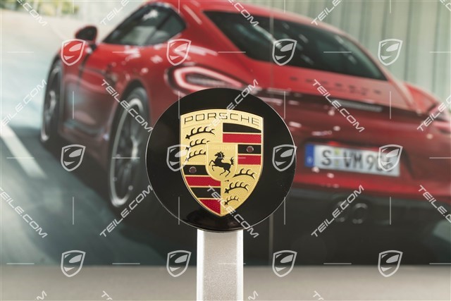 Dekielek koła, wypukły, kolorowy herb Porsche, do kół Carrera Classic, czarny połysk