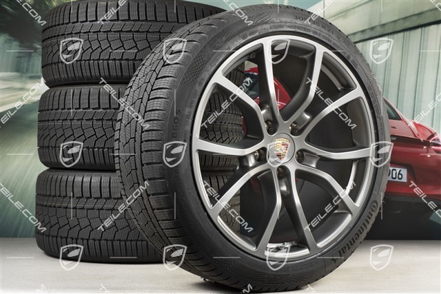 21-inch Cayenne COUPE Exclusive Design winter wheel set, rims 9,5J x 21 ET46 + 11,0J x 21 ET49 +  Continental winter tyres 275/40 R21 + 305/35 R21, with TPMS,  Platinum satin-mat