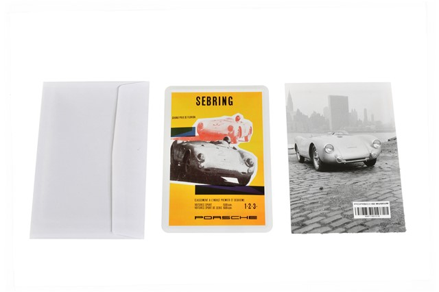 Porsche Museum Metalowa kartka pocztowa, Sebring Spyder gelb NOS 10 cm x 15 cm
