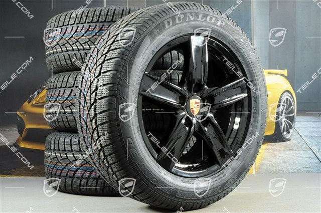 18-inch Cayenne S III winter wheel set, wheels 8J x 18 ET53 + NEW winter tyres Dunlop 255/55 R18 109V XL M+S, without TPMS, black high gloss