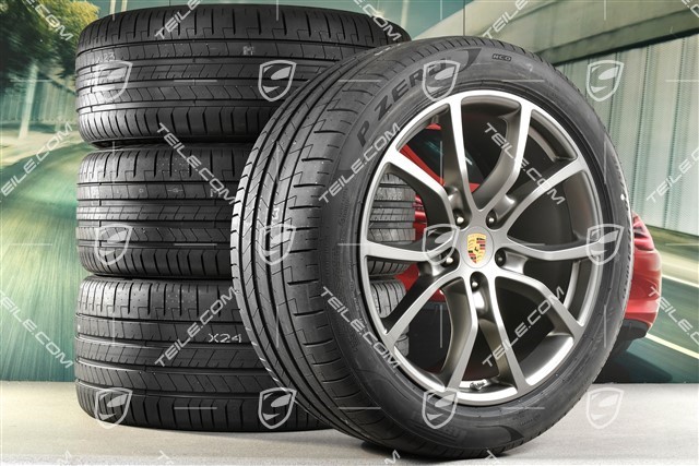 21-inch Cayenne Coupe Exclusive Design summer wheel set, rims 9,5J x 21 ET46 + 11,0J x 21 ET49 + Pirelli P Zero summer tyres 285/45 R21 + 315/40 R21, with TPMS, Platinum satin-mat