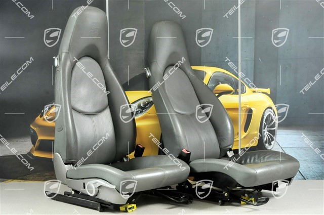 Seats, manual adjustable, leatherette, stone grey, Porsche Crest, set (L+R)