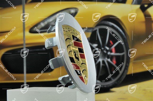 Hub cap, round, concave, Porsche crest coloured, Brilliantchromlack