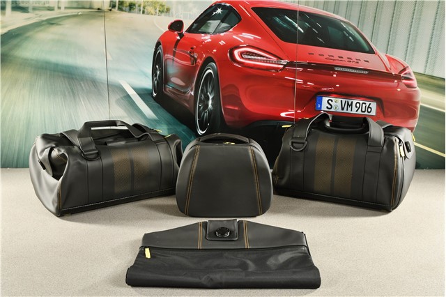 Travel bags set (complete), Exclusive Series, leather black with coloured stitching gold