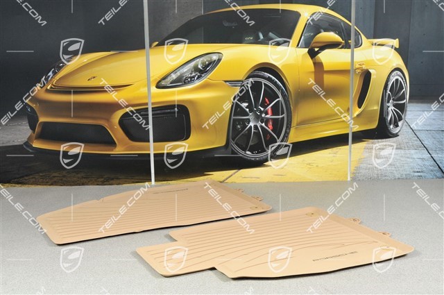 Gumowe dywaniki, komplet 2-częściowy, z sylwetką Porsche i napisem "Porsche", beżowe Luxor beige