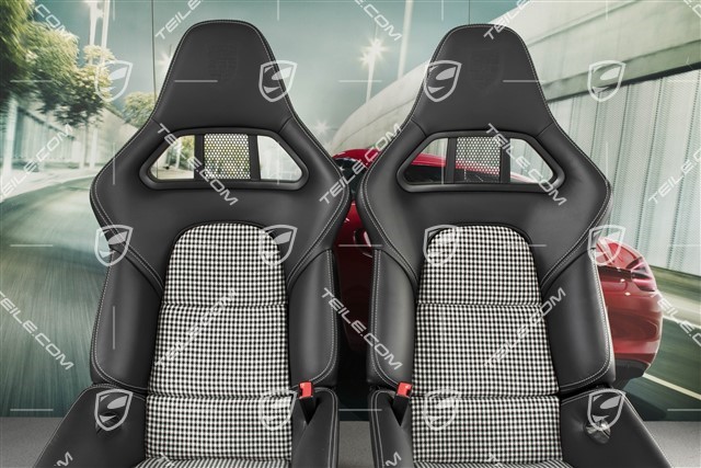 Bucket seats, collapsible, heating, leather+pepita cloth, black, seam in silver, with Porsche crest, set, L+R