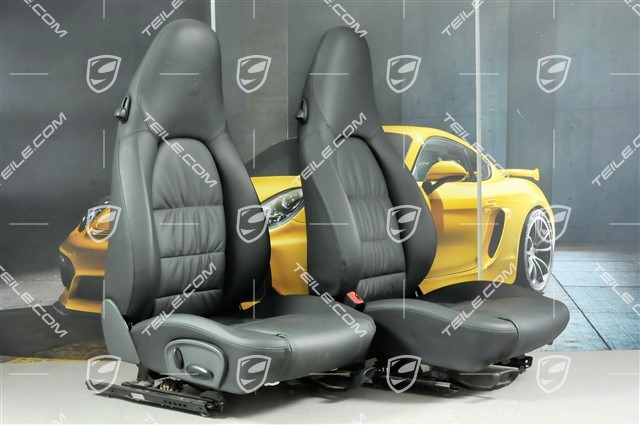 Seats, manual adjustable, heating, leather, Black, Draped, Porsche crest, set (L+R)