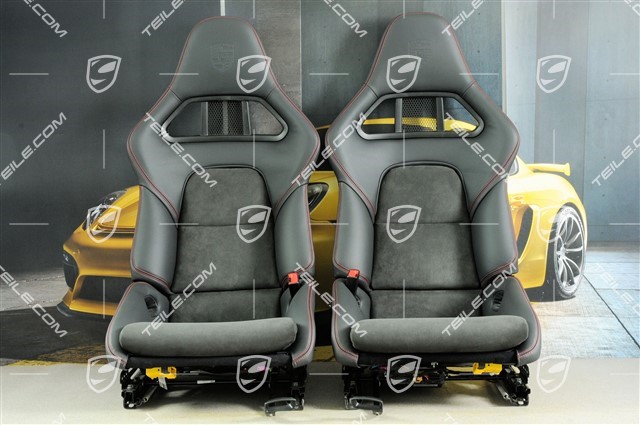 Sportowe fotele kubełkowe, składane, czarna skóra/Alkantara, nitka czerwona Carmine red, z herbem Porsche, zestaw L+R