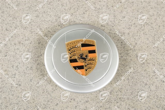 Hub cap, for internal diameter 71 mm, for Fuchs rims, anodised, silver with coloured Porsche crest (orange)