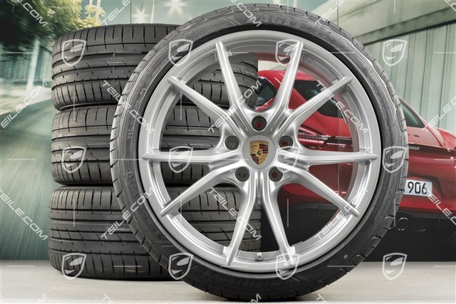 20" Carrera S summer wheels set, rims 8J x 20 ET57 + 10J x 20 ET45, GoodYear summer tires 235/35 ZR20 + 265/35 ZR20, silver, with TPMS