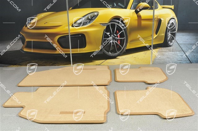 Floor mat set, Porsche logo, leather border, Sand Beige