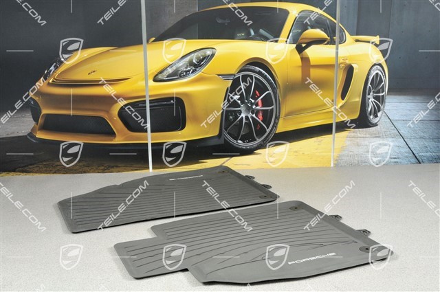 Rubber floor mat set, 2-piece, with Porsche silhouette and Porsche logo, grey