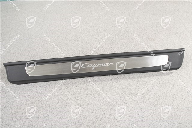 Scuff plate, Stainless steel, with "Cayman" logo, L