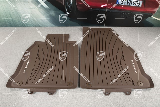 Rubber floor mat set, 2-piece, with Porsche silhouette and Porsche logo, truffle brown