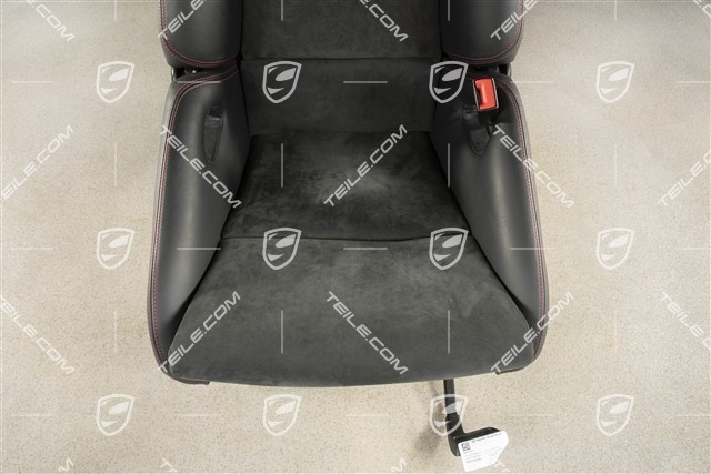 Sportowy fotel kubełkowy, składany, czarna skóra/Alkantara, podgrzewany, nitka czerwona Carmine red, z napisem GT3, R