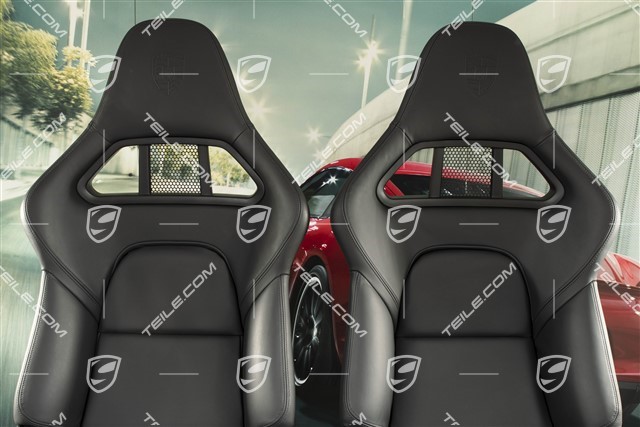 Sportowe fotele kubełkowe, składane, czarna skóra z herbem Porsche, L+R