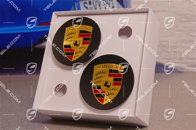 Hub cap set, crest coloured, for 20-inch Boxster Spyder / 20-inch Carrera S, concav, silk-gloss black