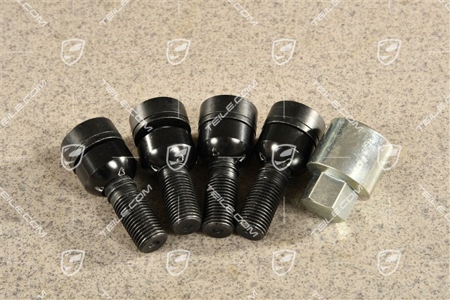Anti-theft wheel bolt set, incl. adapter, black, for vehicles with 5mm wheel spacers (fr.+ re.)
