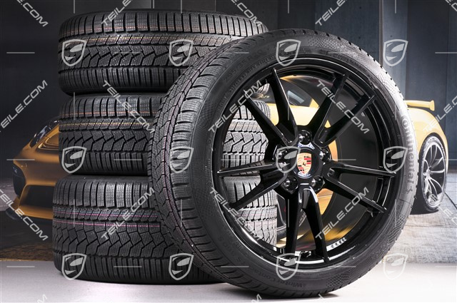 19"+20" Carrera Winterräder Satz, Felgen 8,5J x 19 ET52 + 11J x 20 ET66 + NEUE  Continental Winterreifen 235/40 R19 + 295/35 R20, mit RDK-Sensoren, in Schwarz Hochglanz