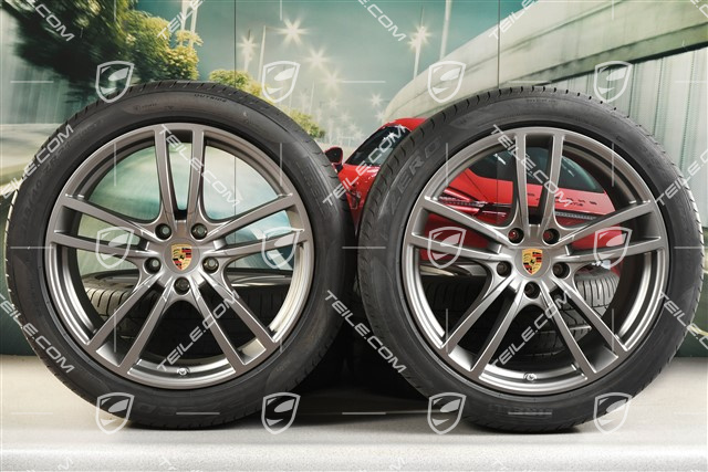 21-inch Cayenne Turbo Design summer wheel set, rims 9,5J x 21 ET46 + 11,0J x 21 ET58 + Pirelli P Zero summer tyres 285/40 R21 + 315/35 R21, with TPMS, Platinum satin mat