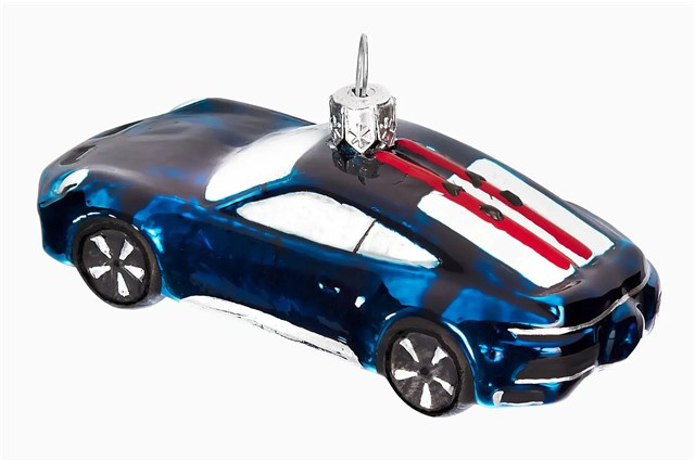 Christmas tree decorations / ball Collector's Edition No. 6 – Christmas, Porsche 911 Dakar with skis, blue